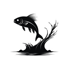 Fish jumping out of water silhouette black and white vector design
