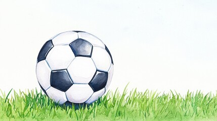 Fototapeta premium A Detailed Illustration of a Classic Soccer Ball Resting on Vibrant Green Grass Against a Clear Sky Background