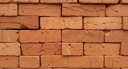 Obraz premium Close-up of a brick wall showing the texture and pattern of the red-orange bricks.