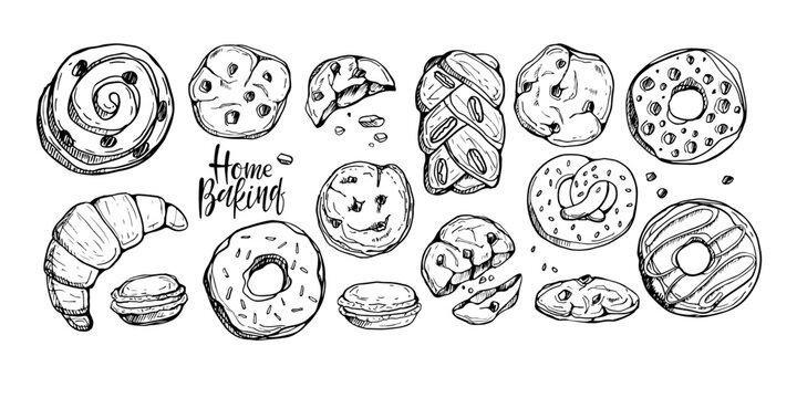 Home Baking. Set of different pastries. Cookies, croissants, puffs, macaroons, donuts sketch collection. Hand drawn elements for package, menu, recipe. Sketch ink graphic bakery set. Sweet dessert