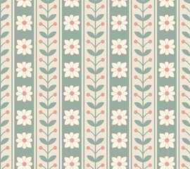 Seamless floral folk art pattern with vertical stripes. Scandinavian retro design in pastel green, cream and soft pink. Perfect for fabric, wrapping paper, wallpaper, and digital backgrounds. Vector