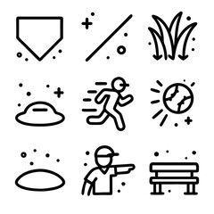Heres a sentence describing the image the image shows nine simple line art icons representing a baseball game.