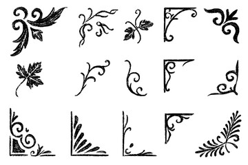 set of vector floral ornament corners, chalk, style, crayon, decoration, customizable, stamp, baroque