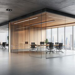 A Room with a mockup poster empty white and with a long table and chairs in office and a large picture frame reality meaning image.
