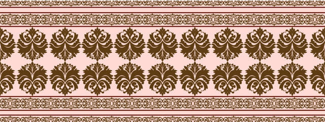 Ornate horizontal brown floral and leaf pattern on a light pink background with symmetrical intricate designs.