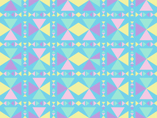 A colorful geometric pattern of triangles and diamonds in pastel shades of blue, pink, green, and yellow, arranged in a symmetrical, repeating design.
