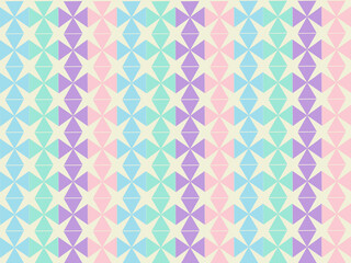 A pastel geometric pattern featuring stars and pinwheels in shades of purple, pink, blue, and cream arranged in vertical stripes.