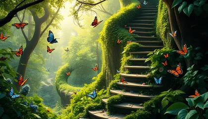 Fotobehang Trappen Magical trail with spiral stairs grown from vines and leaves, surrounded by fluttering butterflies and birds in a vibrant forest glade 2  © Gyant