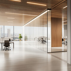 A Room with a mockup poster empty white and with a long table and chairs in office and a large picture frame reality meaning image.
