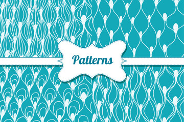 Set with abstract seamless patterns with hand drawn lines, waves, drops. White ornate on blue background.