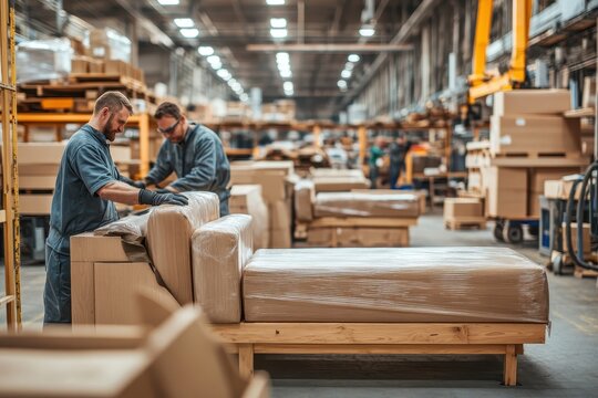 Workers Packaging Furniture in a Large Warehouse Setting