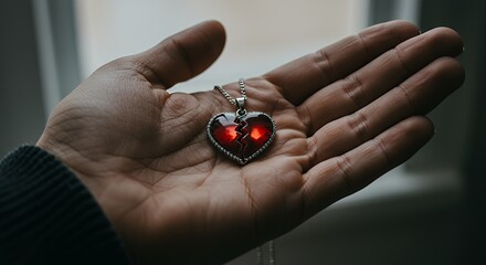 Holding Broken Heart Pendant Red Gemstone Necklace in Human Hand