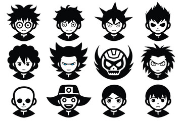 Collection of black and white cartoon characters in various anime and manga styles
