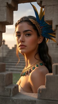 Mysterious Mayan Princess: Ancient Ruins, Woman in Feather Headdress, Jewelery,  Portrait Photography AI generated