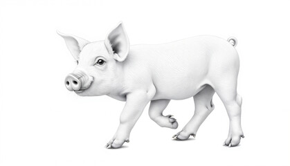 White pig walking on a white background  