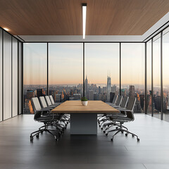 A Room with a mockup poster empty white and with a long table and chairs in office and a large picture frame reality meaning image.
