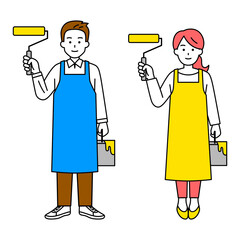 ペイントローラーを持つエプロン姿の男女（全身）　セット