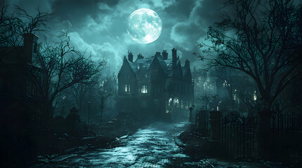3D illustration of a Halloween concept background of realistic horror house and creepy street with moonlight
