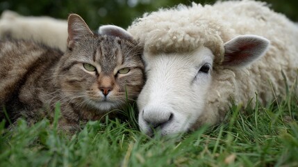Obraz premium Sheep and cat resting together