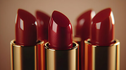 Red lipstick collection with gold tubes in soft focus background