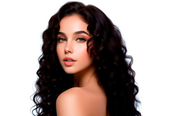 Naklejka premium beautiful brunette model girl with curly black hair, perfect skin on transparent background for advertising creams shampoos cosmetics