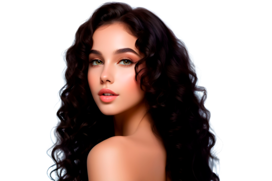beautiful brunette model girl with curly black hair, perfect skin on transparent background for advertising creams shampoos cosmetics