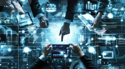 Fototapeta premium Corporate team using technology to collaborate stock photo --ar 16:9 --raw --v 6 Job ID: 61287250-4b29-460e-be3a-6cd89fd7f27c