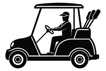 Black and White Golf Cart Silhouette with Driver and Clubs Ready to Play