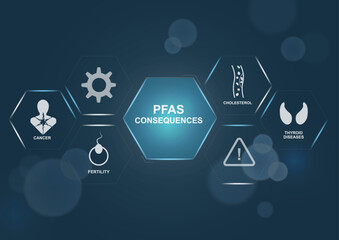 PFAS health consequences infographic template with hexagonal icons showing cancer fertility cholesterol thyroid diseases. Medical awareness poster design for environmental health campaigns. Vector