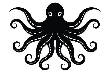 Black Octopus Illustration with Curled Tentacles and Two Eyes on a White Background