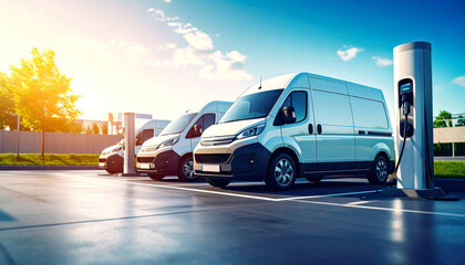 Obraz premium A fleet of generic electric vans or minibuses lined up in a large depot 