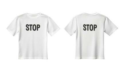 A plain pure white color t-shirt sign ''STOP'' displayed front side and back side isolated on a transparent background