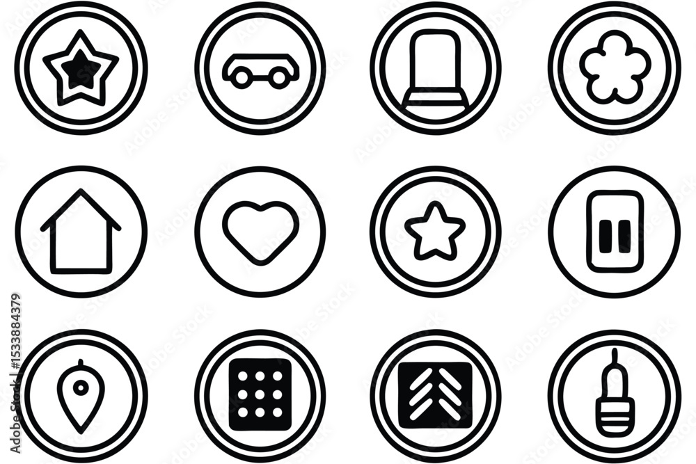 Poster black and white circular icons representing various symbols and objects for design