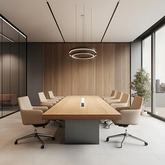 A Room with a mockup poster empty white and with a long table and chairs in office and a large picture frame reality meaning image.
