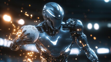 Robotic player prepares for intense soccer match in futuristic stadium environment