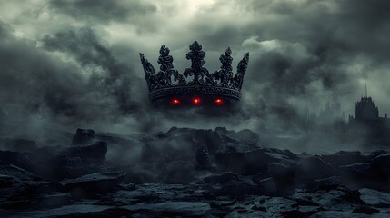 Fototapeta premium Dark iron crown hovering amidst black mist and glowing eyes, surrounded by cracked stone ruins with an ominous gothic feel