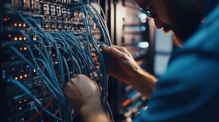Tech Professional Managing Network Cables in Data Center Environment