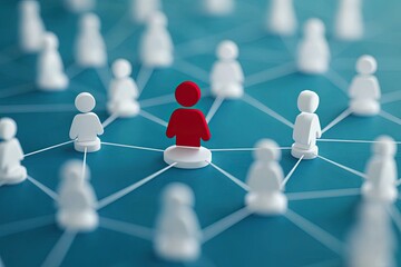 A simple graphic depicting interconnected people, symbolizing a network and collaboration, with one person in red standing out among the white figures on a blue background.