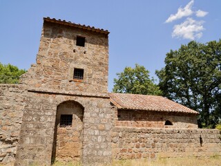 Ruins of the old church, Chiesa romanica di San Giuliano in Rocky Necropolis of Saint Giuliano near the Barbarano Romano village, Marturanum Regional Nature Park, Lazio region, Italy