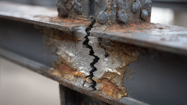 Damaged bridge with broken metal beam showing structural failure corrosion and risk in transportation infrastructure