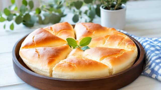 Freshly baked bread on a wooden platter.