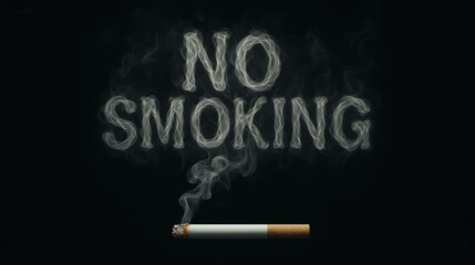 Cigarette with no smoking text created from smoke on dark background representing health lung disease warning pollution awareness and anti tobacco message