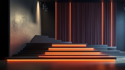 Modern stage with illuminated steps and dark walls.
