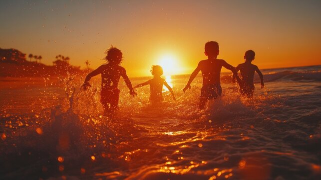 Children playing in the ocean at sunset. Silhouettes of kids splashing in waves, golden hour light. - Powered by Adobe
