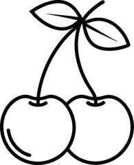 Two sweet cherry fruits outline isolated on white background. Cherry couple with leaf illustration