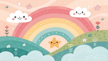 Abstract kawaii Colorful Sky rainbow background. Soft gradient pastel Comic graphic. Concept for children