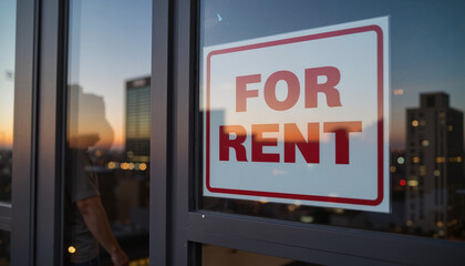 For rent sign displayed in urban apartment window at sunset  