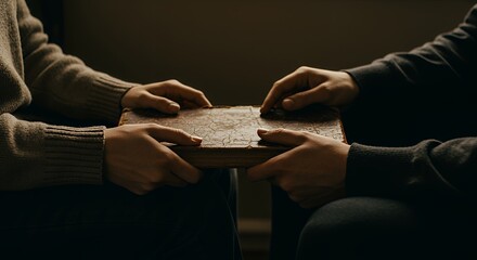 Holding an Old Book Together Hands Sharing Knowledge and Stories