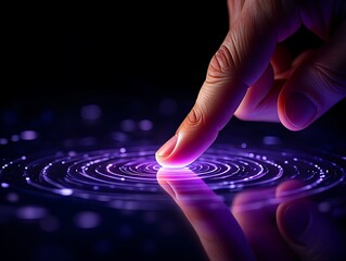 Finger touching futuristic purple interface