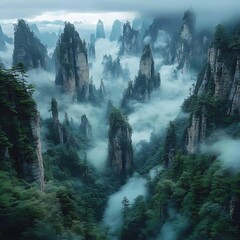Zhangjiajie mystic spires among thick mist high resolution picture